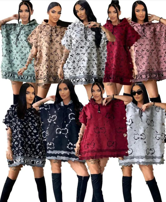 Summer Women's designer caual short sleeves dress printed new Brands loose hoody button woolen black jacket party loose dress skirt clothing