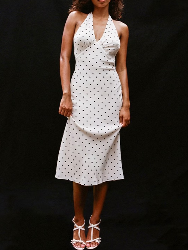 Backless Halter Polka Dots Sleeveless Midi Dress