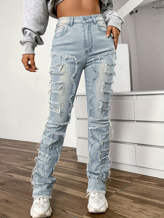 Womens Stylish Distressed Straight Leg Jeans - Mid-Stretch Denim with Raw Hem Patchwork for Casual Wear