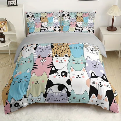 3-Piece Fashionable Cartoon Cat Print Duvet Cover Set - Soft, Breathable, Comfortable Bedding for Bedroom and Guest Room Decor - Includes 1 Duvet Cover and 2 Pillowcases, No Filling