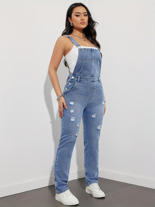 Women's Distressed Ripped Denim Overalls, Casual Loose Fit Jumpsuit With Pockets, Vintage Jean Dungarees For Daily Wear