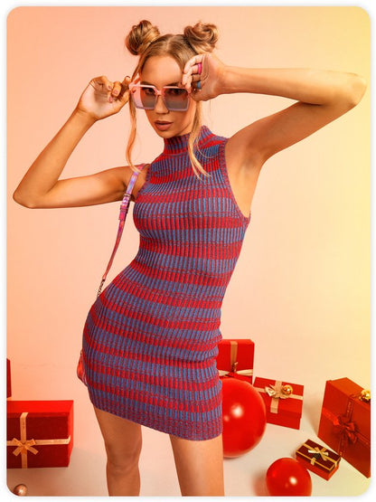 Y2K Sweet Purple Striped Slim Dress Mini Dress