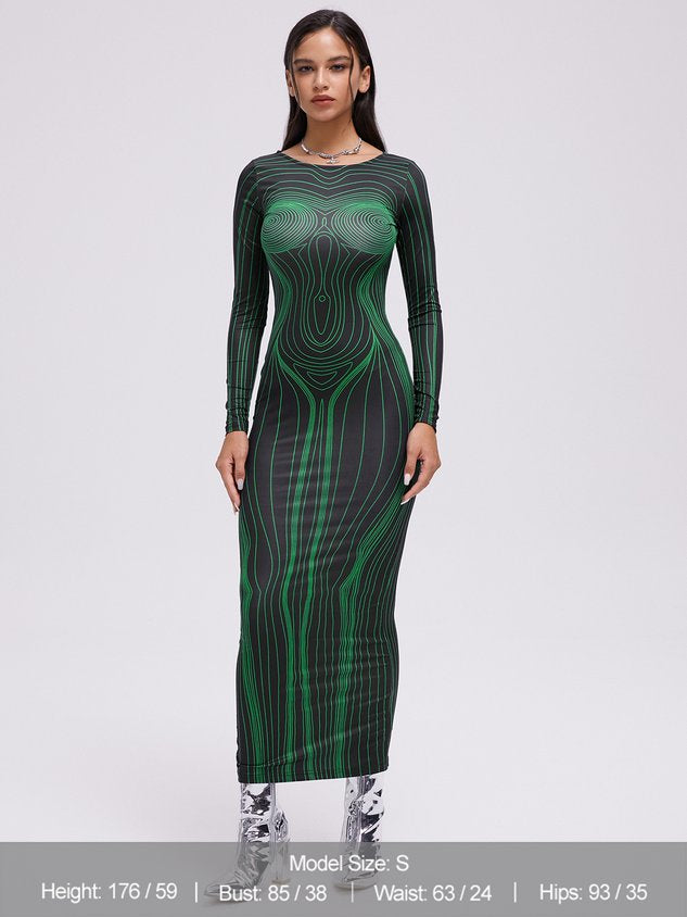 Body Print Crew Neck Long Sleeve Maxi Dress