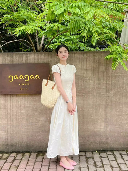 Premium  retro dress women's  summer new temperament waist thin bubble sleeves coffee break long skirt