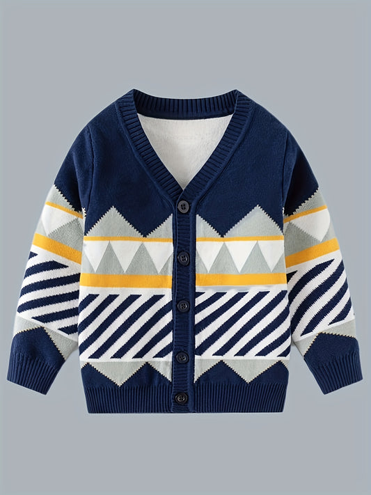 Boys Cotton Knit Cardigan, Casual Geometric Pattern V-neck Sweater, Comfortable Knit Outerwear For Spring/Autumn