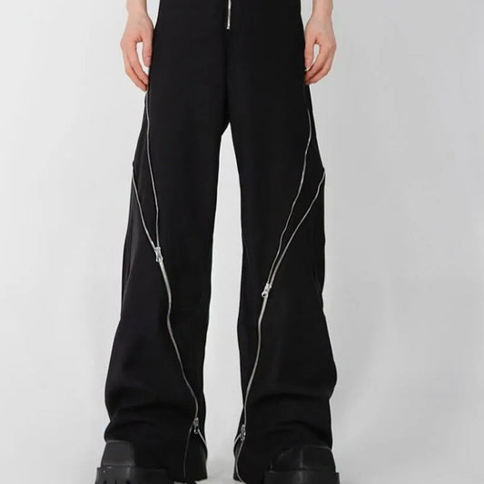 New Men's Pants Men Black Zipper Design Slit Slightly Flared Vertical Feeling Straight Casual Y2K Trousers