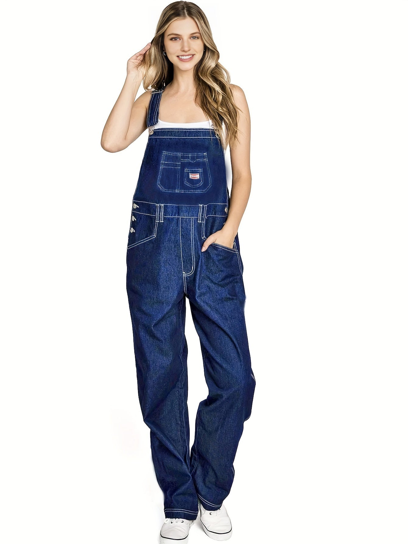 Women's Adjustable-Strap Denim Overalls - Comfy Loose Fit with Patch Pockets & Contrast Stitching, Casual Everyday Wear