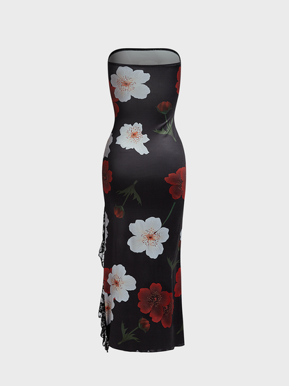 Side Slit Ruffles Strapless Floral Sleeveless Maxi Dress