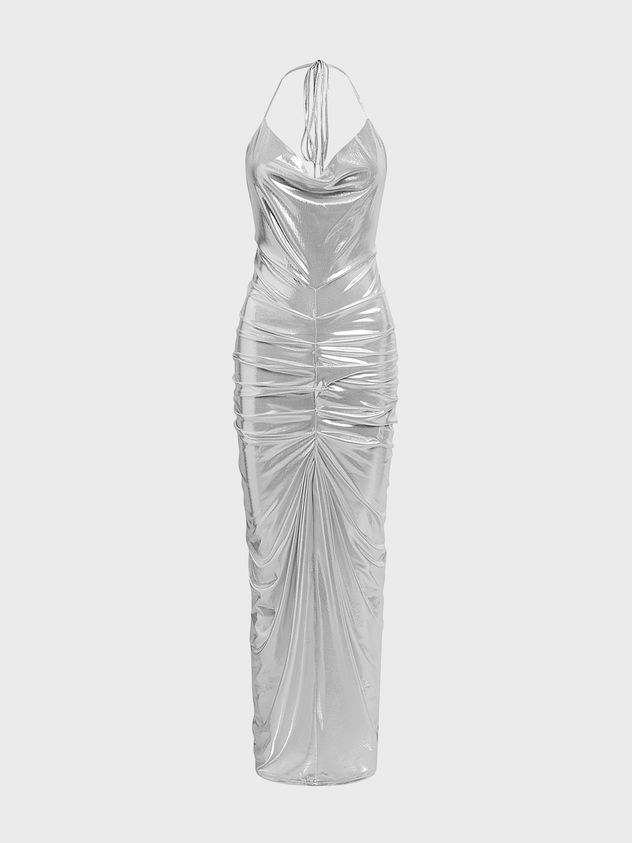 Metallic Sliver Wrinkled Spaghetti Plain Maxi Dress