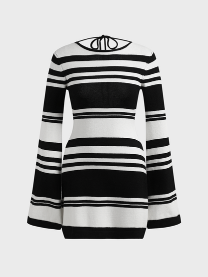 Backless Design Crew Neck Striped Long Sleeve Short Dress