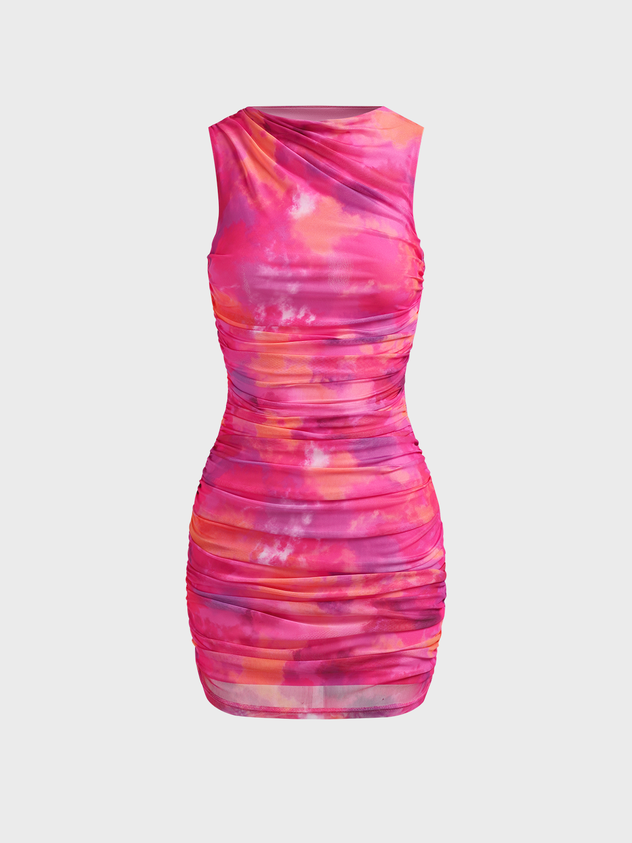 Mesh Crew Neck Tie Dye Sleeveless Short Dress