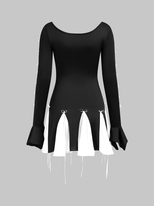 Bowknot Square Neck Color Block Long Sleeve Ruffle Short Dress