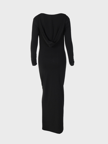maoxiangshop Deep V Hoodie Plain Long Sleeve Maxi Dress