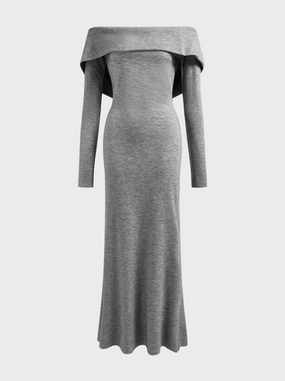 Boat Neck Plain Long Sleeve Maxi Dress