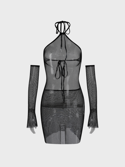 Street Black Fish net Lace up Dress Mini Dress