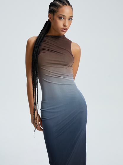 Double Layer Mesh Crew Neck Ombre Sleeveless Maxi Dress