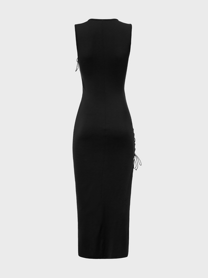 Street Black Side Slit Lace Up Asymmetrical Design Dress Midi Dress