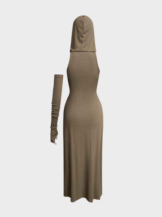 maoxiangshop Arm Sleeves Hoodie Plain Maxi Dress