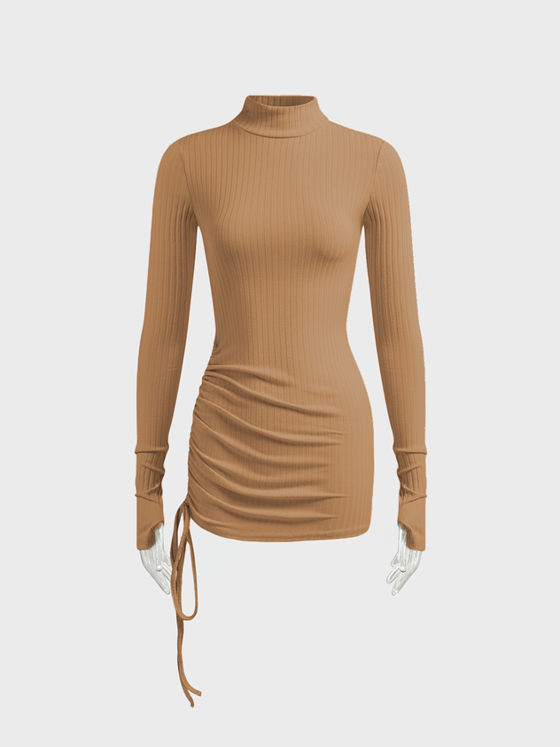 Drawstring Stand Collar Plain Long Sleeve Short Dress