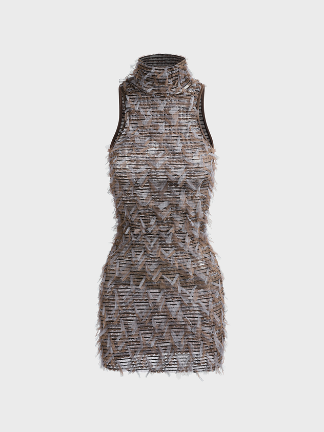 Texture Fabric Half Turtleneck Plaid Sleeveless Short Dress