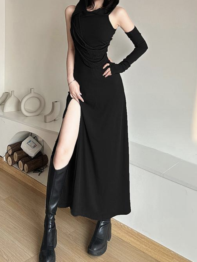 maoxiangshop Arm Sleeves Hoodie Plain Maxi Dress