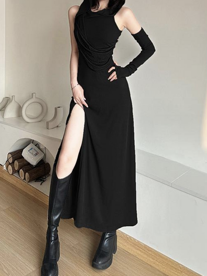 maoxiangshop Arm Sleeves Hoodie Plain Maxi Dress