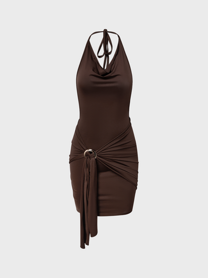 Street Deep Brown Backless Dress Mini Dress