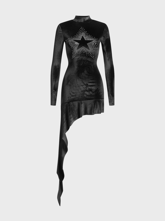 Hotfix Rhinestone Stand Collar Star Long Sleeve Short Dress