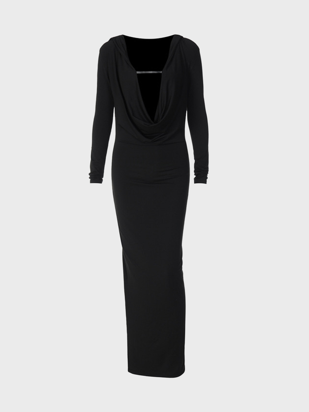 maoxiangshop Deep V Hoodie Plain Long Sleeve Maxi Dress