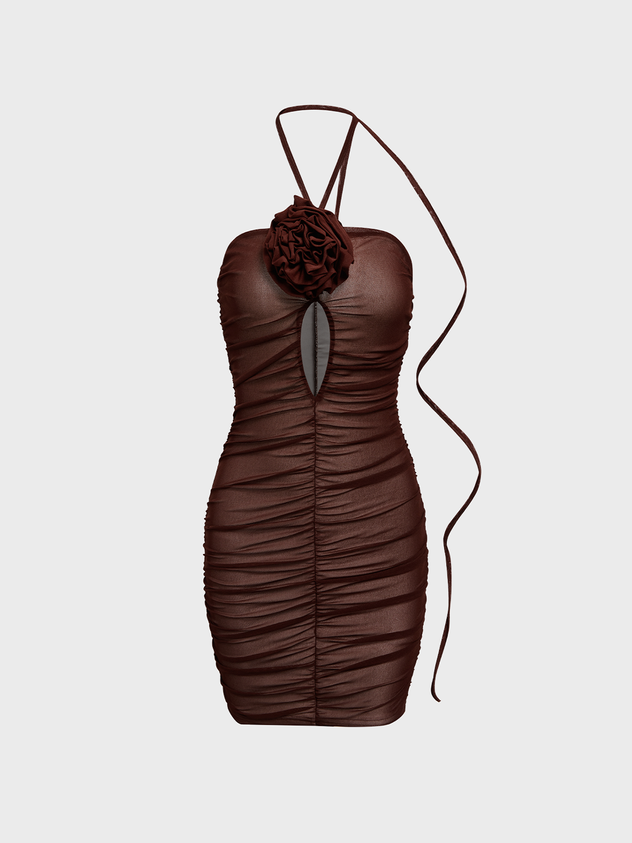 Y2k Brown Double mesh 3D Rose Dress Mini Dress