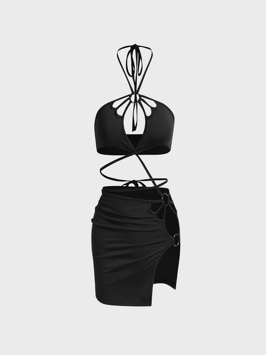 Edgy Black Cut out Metal Dress Mini Dress