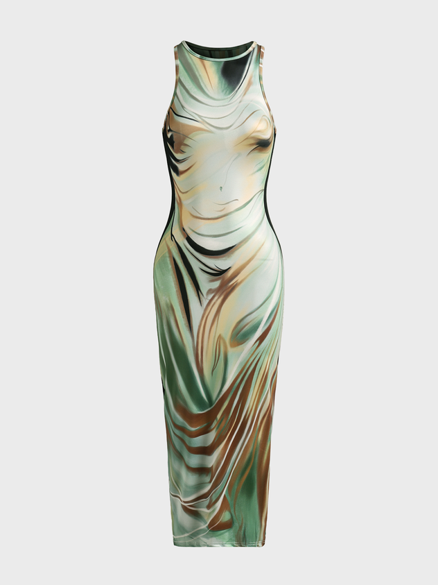 Body Print Crew Neck Sleeveless Maxi Dress