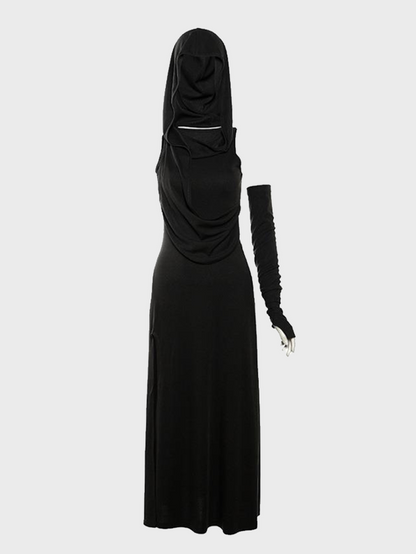 maoxiangshop Arm Sleeves Hoodie Plain Maxi Dress