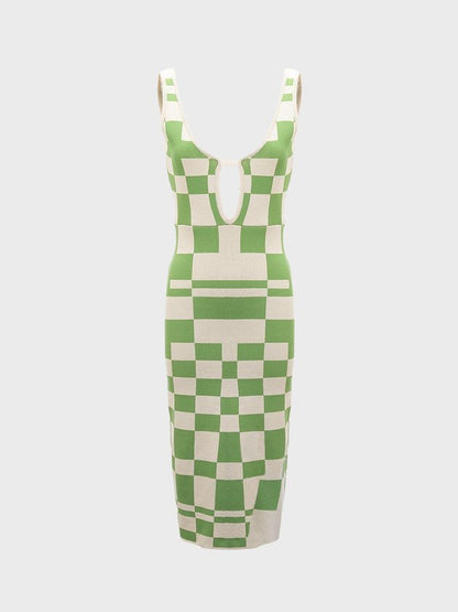 Y2K Vacation Green Spaghetti Strap Sleeveless Geometric Design Vocation Dress