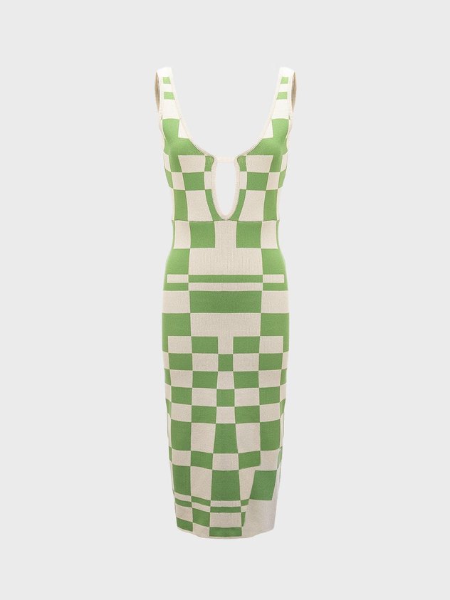 Y2K Vacation Green Spaghetti Strap Sleeveless Geometric Design Vocation Dress