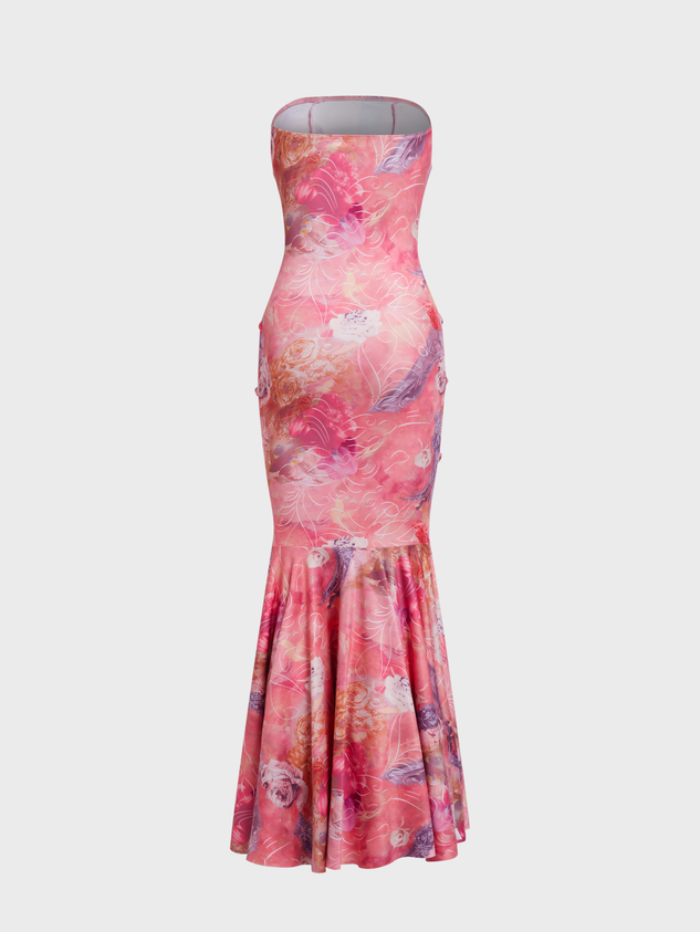 Lace Up Sleated Strapless Floral Maxi Tube Dress