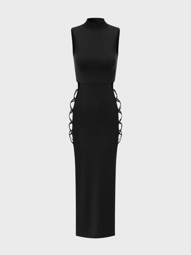 Edgy Black Cut Out Tie Up Dress Midi Dress