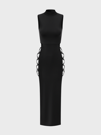 Edgy Black Cut Out Tie Up Dress Midi Dress