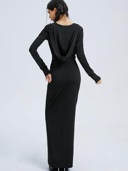 maoxiangshop Deep V Hoodie Plain Long Sleeve Maxi Dress