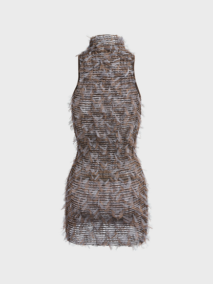 Texture Fabric Half Turtleneck Plaid Sleeveless Short Dress