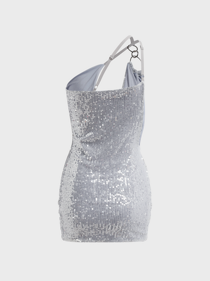 One Shoulder Metallic Glitter Short Dress