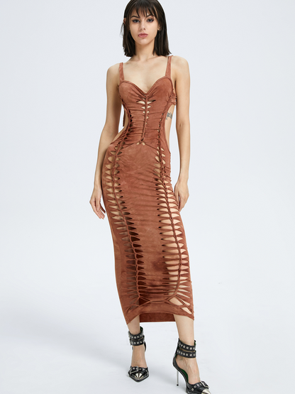 Street Brown Cut Out Dress Midi Dress