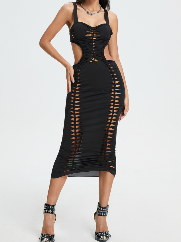 Street Brown Cut Out Dress Midi Dress