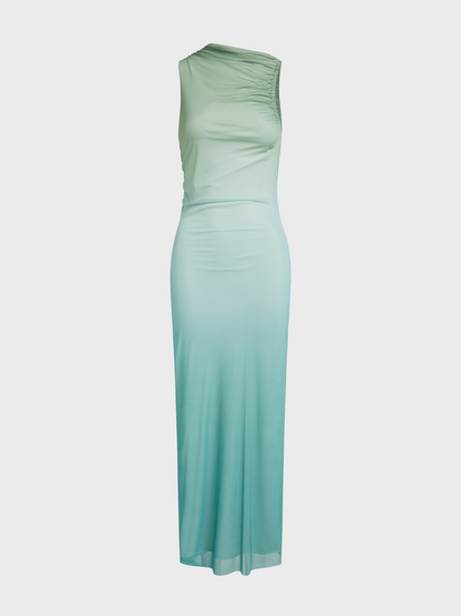 Double Layer Mesh Crew Neck Ombre Sleeveless Maxi Dress