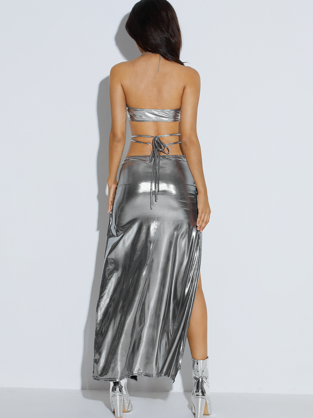 Metallic Cut Out Strapless Plain Tube Short Dress