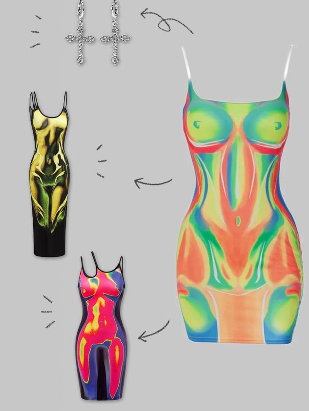 Edgy Multicolor Thermal body print Dress Mini Dress