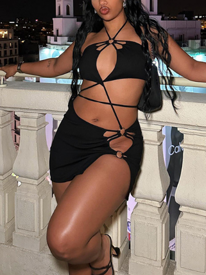 Edgy Black Cut out Metal Dress Mini Dress