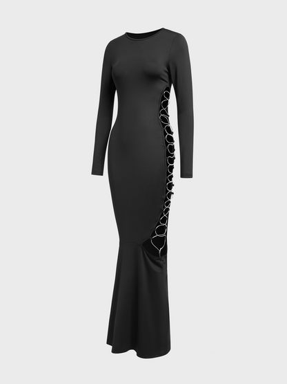 Cut Out Lace Up Crew Neck Plain Long Sleeve Maxi Dress