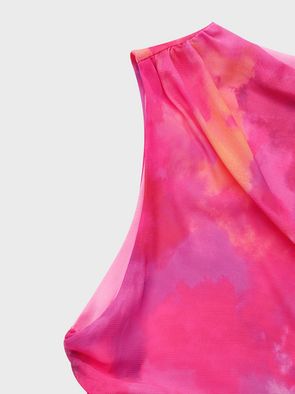 Mesh Crew Neck Tie Dye Sleeveless Short Dress