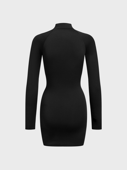 Stand Collar Color Block Long Sleeve Short Dress